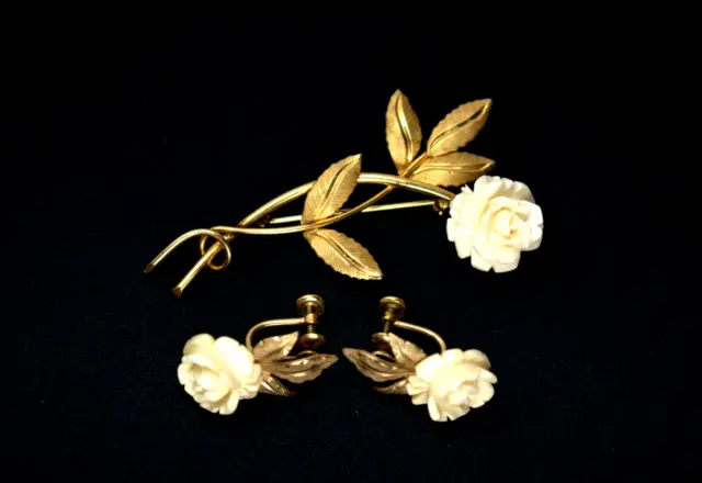 Van Dell Carved White Rose Flower 1/20 12k GF 14K Gold Overlay Earrings Brooch