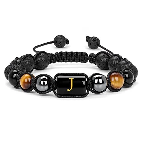 Initial Beaded Bracelets for Men,8mm Tiger Eye Obsidian Hematite Triple J