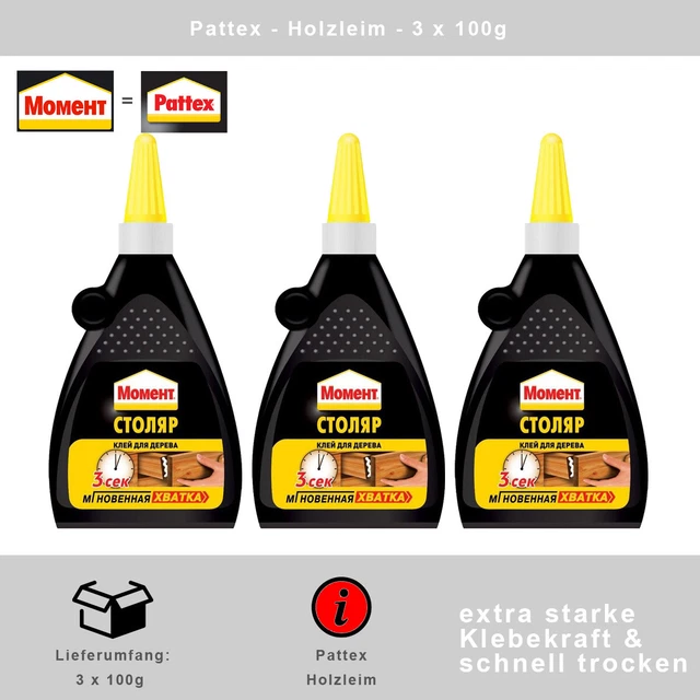 Cola para Madera Adhesivos Pattex (Momeht) Fix 3 X 100g - Rápido Seco - Blanco