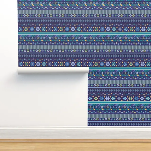 Removable Water-Activated Wallpaper Peru Stripe Deep Blue Aztec Tribal Mexico