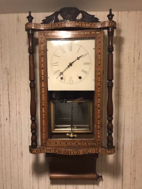 c1870 American Walnut & Tunbridge Ware Wall Clock 85cm H