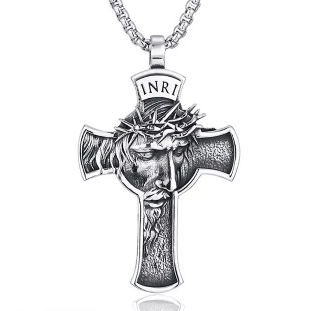 Hot Mens Stainless Steel Jesus Christ Face Crucifix Cross Pendant Necklace 2