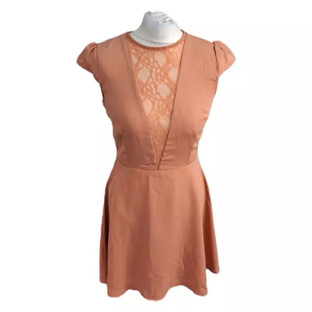 Nude Deep Plunge Lace Detail Skater Dress Womens Size 10 Boohoo (AF07)