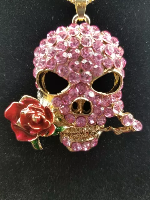 Beautiful Betsey Johnson Pink Crystal Rhinestone Inlay Skull Pendant Necklace