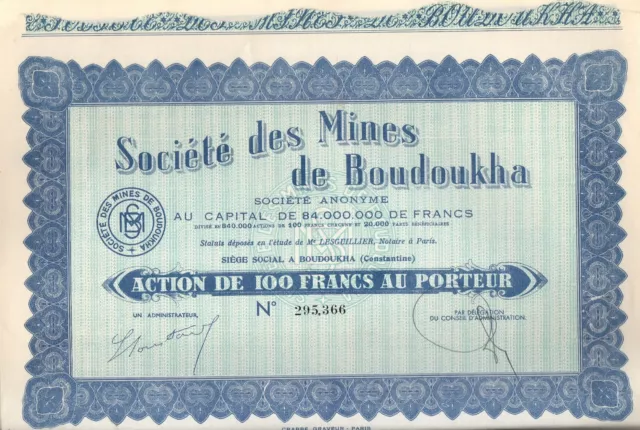 Action Société des mines de BOUDOUKHA, 100 frs.