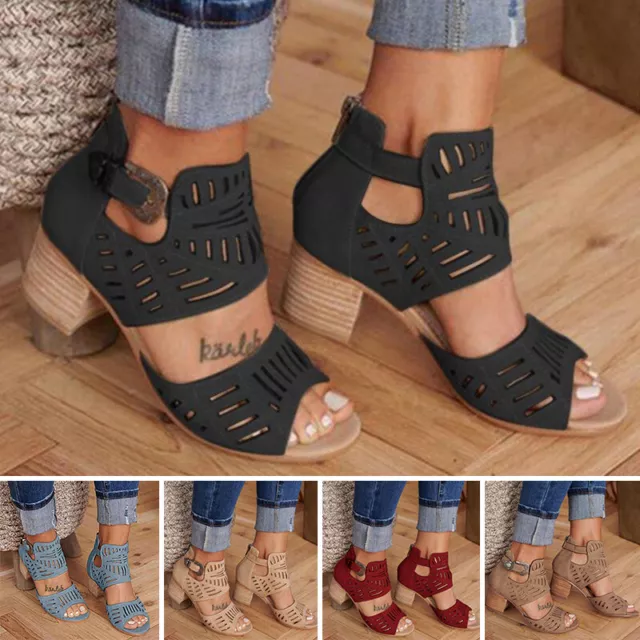 Womens Ladies Summer Low Block Heel Gladiator Sandals Ankle Strap Open Toe Shoes 3