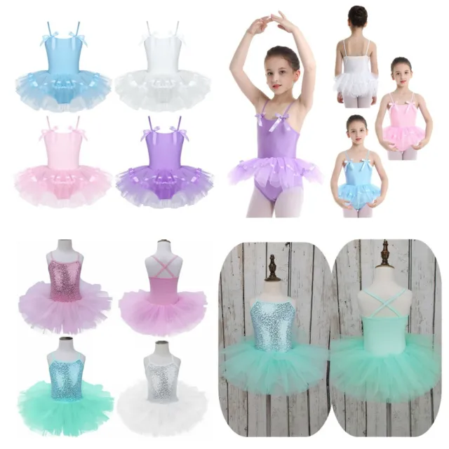 Kids Girls Bowties Ballet Dance Dress Gymnastics Leotard Glittery Tulle Skirts