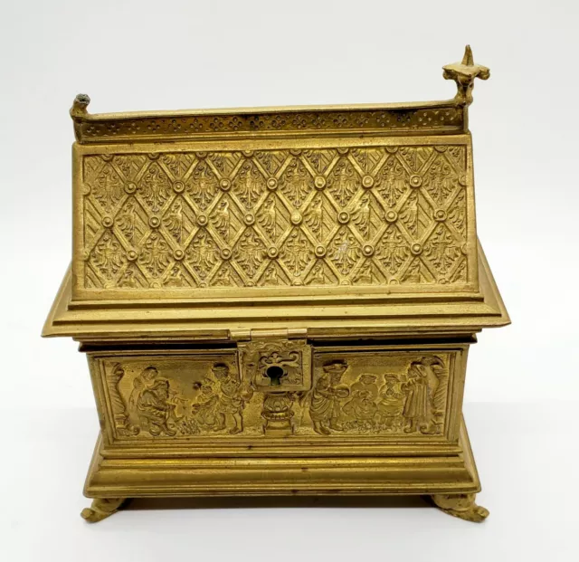 Antique Stylish Gothic Revival Gilt Bronze & Brass Church Relic Or Jewelry Box