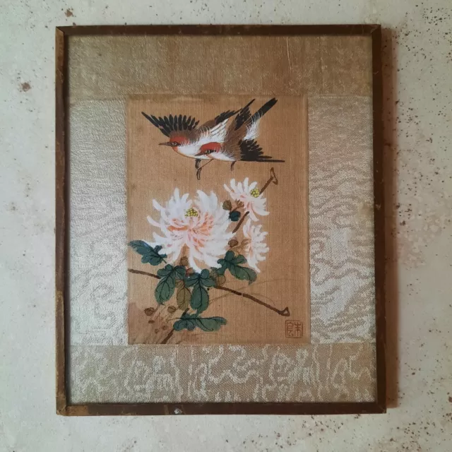 Oiseaux et Fleurs Peints à la main sur Tissu Chine - Vintage