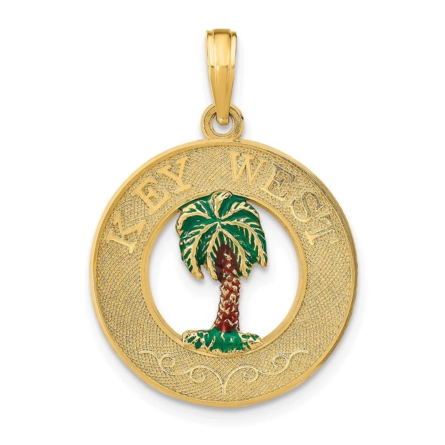 14K Yellow Gold KEY WEST Enameled Palm Tree Circle Charm