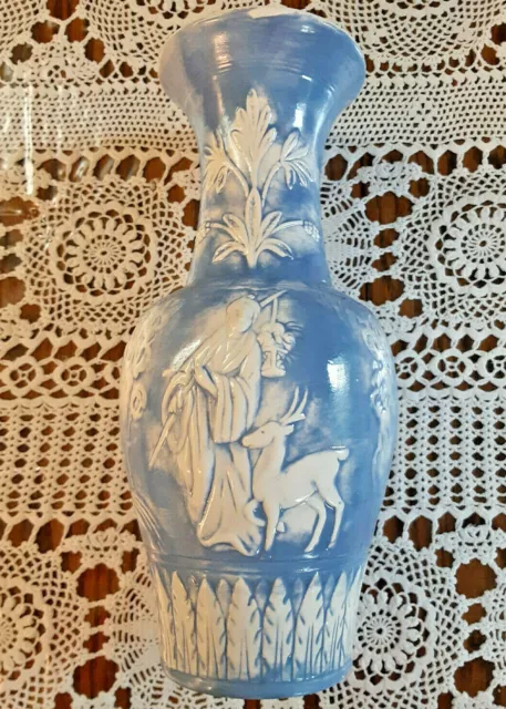 Vintage Hand Made Majolica Style White and Blue Vase, 1976, H=10"