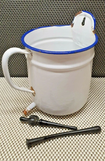 Antik Pressol Klistier 2L Emaille Weiß Farblicher -blau Deko Vintage Sammlung 3