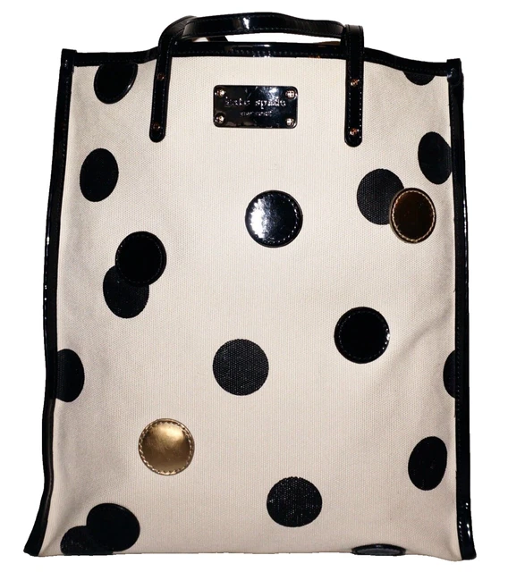 KATE SPADE Large Natural Canvas Gold & Black Glazed PVC Dot Tote Bag *READ AD*
