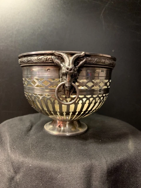 Antique Sterling Silver Minerva Glass Mustard Pot Rams Head Sculpture 19th C