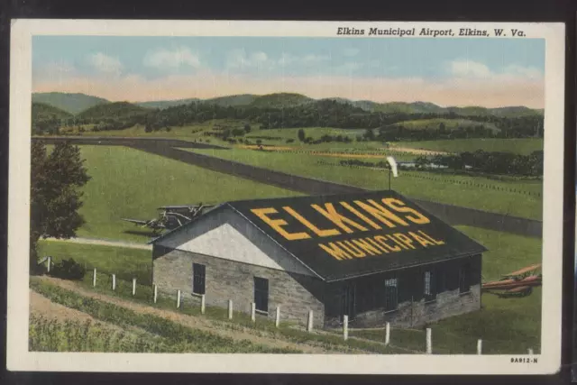 Postcard ELKINS West Virginia/WV Municipal Airport Bird's Eye Aerial view 1930's