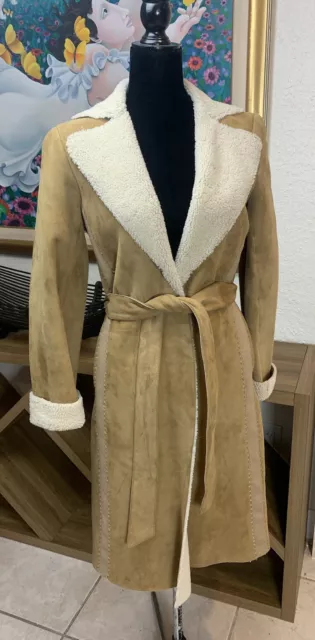 Theory Shearling  Leather Sheepskin Brown US S 6 Long Trench Coat Wrap Beige