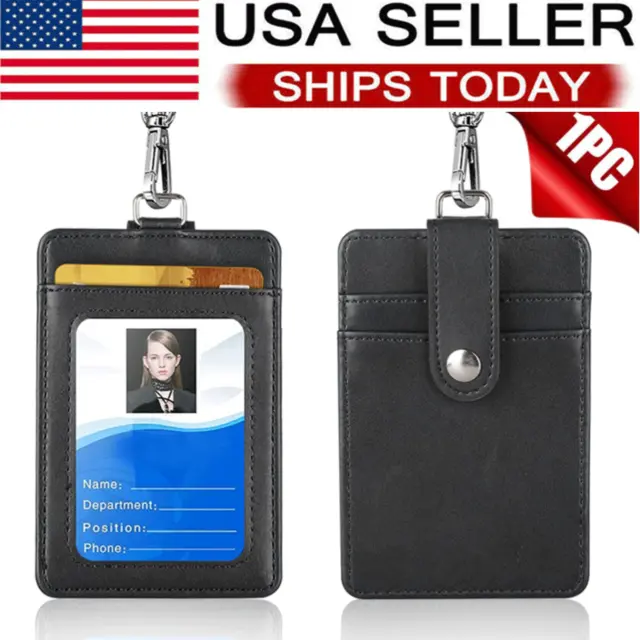 1 ID Badge Card Holder Pu Leather Vertical Clip Neck Strap Lanyard Necklace Case