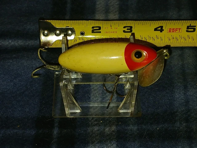 Leurre Vintage Fred Arbogast Jitterbug - Bois Articulé Noir Tacheté, Gorge Rouge (Topwater)