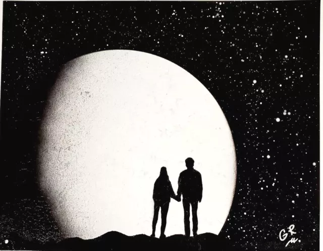 Original Spray-Painting Art of Couple Holding Hands Admiring the Moon 11"x14"