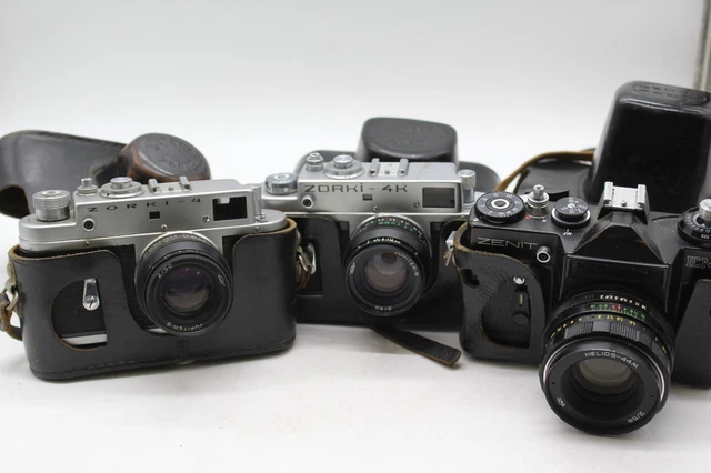 F x3 Vintage USSR KMZ Cased Film Cameras Inc. Zorki-4, Zorki-4K etc
