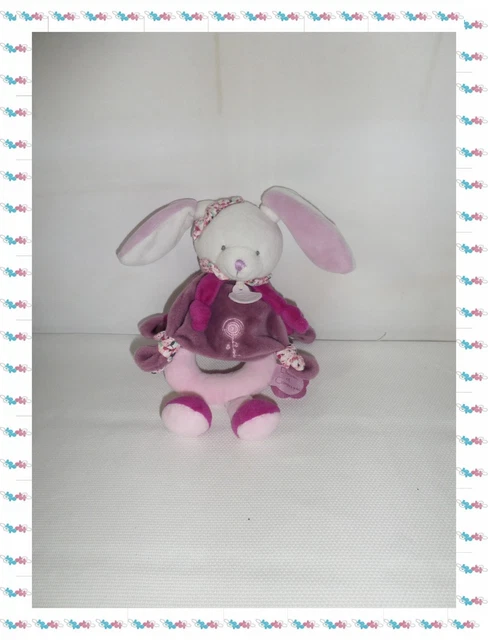 T - Doudou Hochet Lapin Cerise Rose Fuchsia Mauve Grelot  Doudou et Compagnie