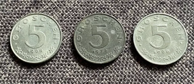 (3) Austrian 1968 & 1972 '5 Groschen' ZINC WORLD Austria Coins