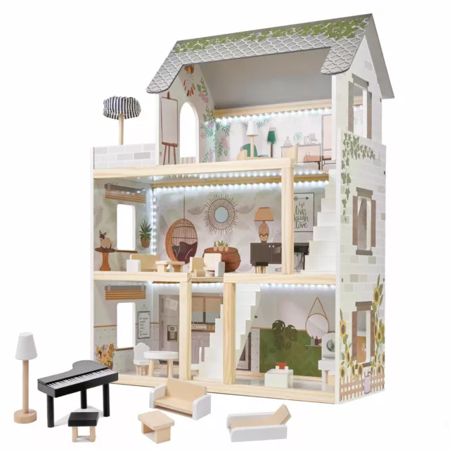 Großes Puppenhaus A92 XXL Traumhaus Set aus Holz mit LED Beleuchtung für Kinder