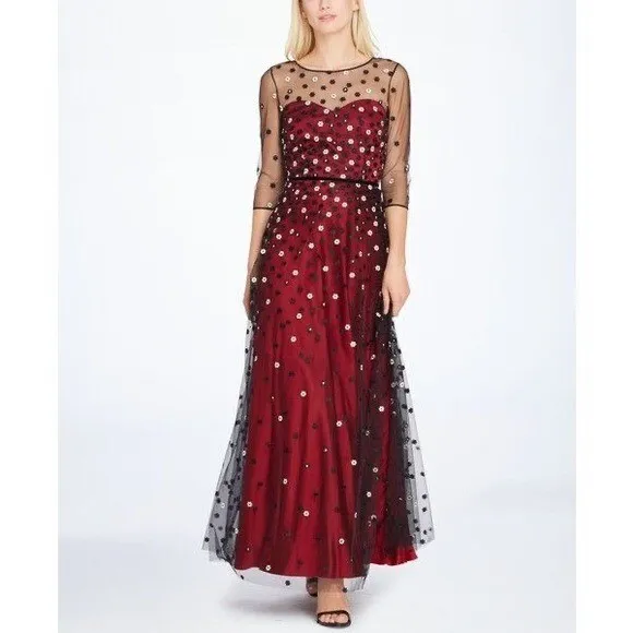 Tahari Embroidered Sweetheart Illusion Maxi Gown A-Line Tulle In Red Size 14
