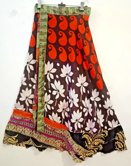 Vintage femmes imprimé fleuri Boho Sari jupe portefeuille en soie longueur...