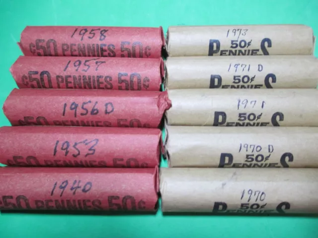 10 Rolls Lincoln Cents (5 rolls of Lincoln Memorial and 5 rolls of wheat)