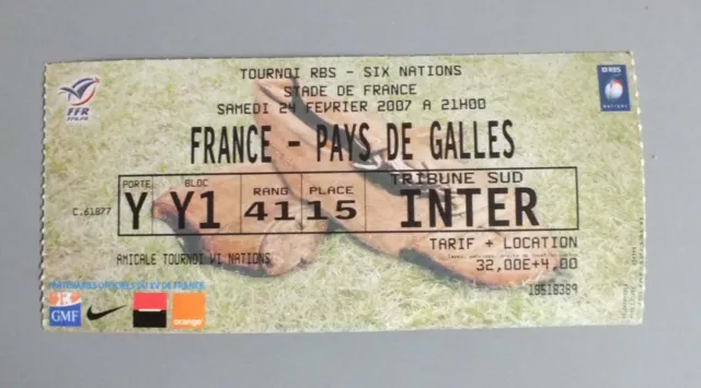 Ticket - Billet De Rugby - France Pays De Galles - Six Nations - 24 Fevrier 2007