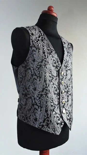 Elegante gilet in broccato taglia M nero argento con bottoni in argento gilet da uomo barocco Elegante gilet in broccato taglia M nero argento con bottoni in argento gilet da uomo barocco