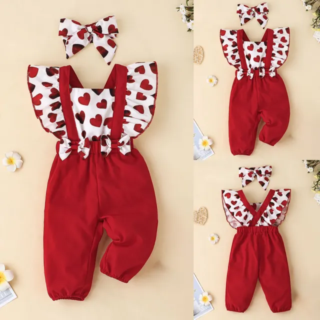 Newborn Baby Girls 2PCS Set Ruffle Print Romper Jumpsuit Pants Headband Outfits