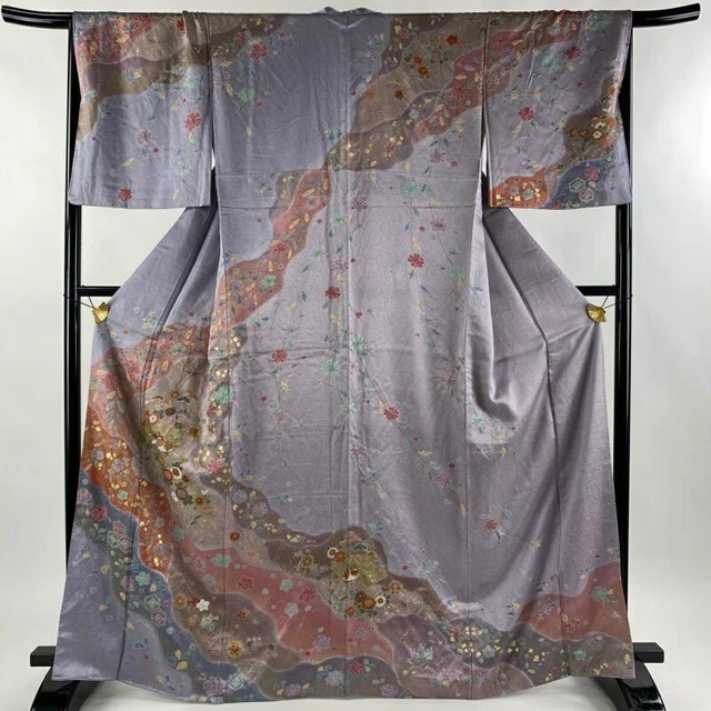 Woman Japanese Kimono Houmongi Silk Fan Flower Gold Foil Shibori Light Purple