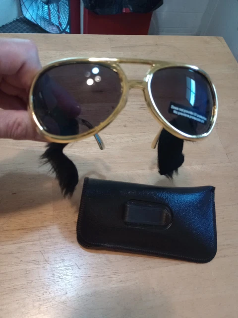 ELVIS SUNGLASSES + Sideburns Presley Sun Glasses, Costume, Gold Frames with case