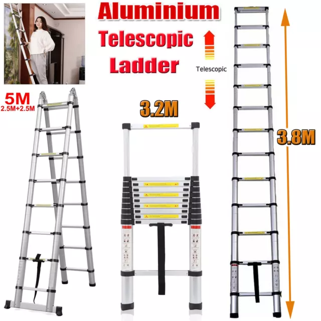 Alu Teleskopleiter ausziehbar 5m Höhe Anlege- Klappleiter 150kg Belastbarkeit