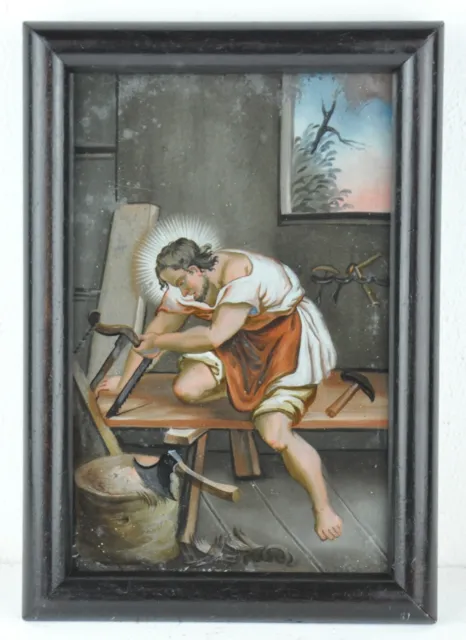 Hinterglasbild "Jesus als Zimmermann",  Augsburg 17/24 cm alter Rahmen, um 1800