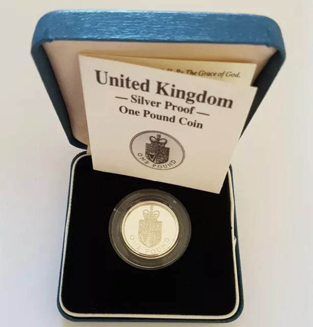 1988 Royal Mint Crowned Shield UK Silver Proof One Pound £1 coin in Case & COA