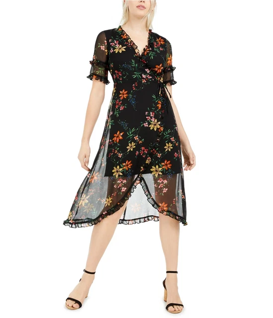 Kensie Donna Chiffon Floreale Aderente con Gonna a Pieghe Abito , Nero, 6