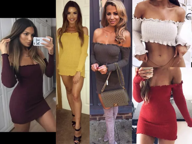 UK Donna Fronzoli Bardot Spalla Scoperta Maglione a Coste Manica Lunga Top Corto
