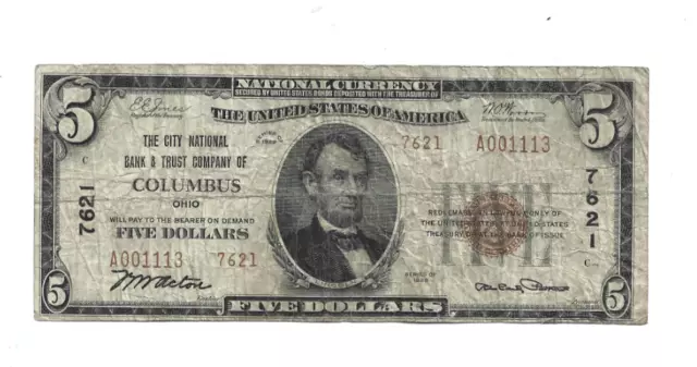 1929 $5 The City National Bank & Trust Company Columbus Ohio Charter #7621 T-2