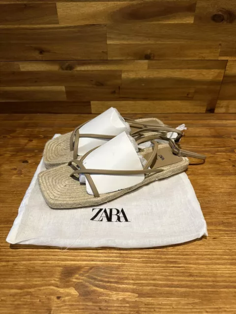 Zara Squared Toe Chunky Strappy Jute Flat Sandals UK 6 EU 39 USA 8 New With Bag