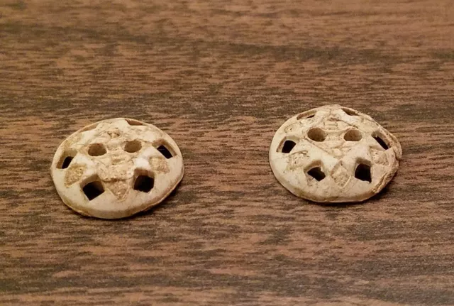Two Antique Buttons. Cream Beige Early Plastic 2-Hole w/ Geometric Accents. 5/8"