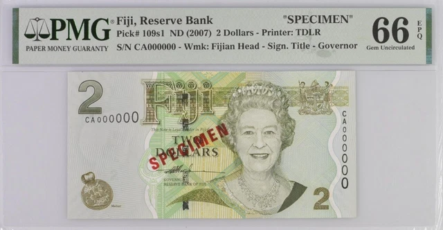 Fiji 2 Dollars ND 2007 P 109s1 SPECIMEN Gem UNC PMG 66 EPQ
