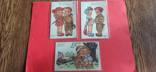 CPA - 3 belle cartes d'illustrateur Leclerc enfant militaire humour