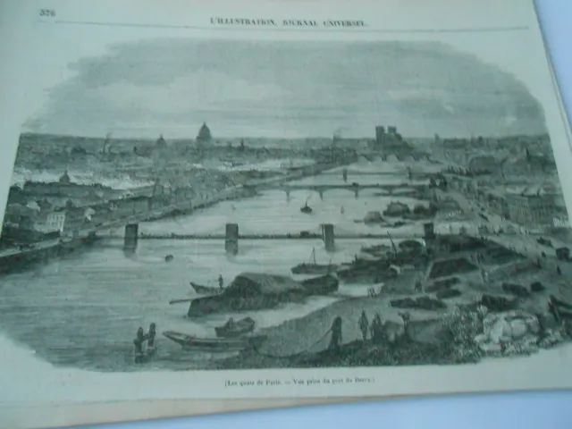 Gravure 1846 Les quais de Paris vue prise de Bercy