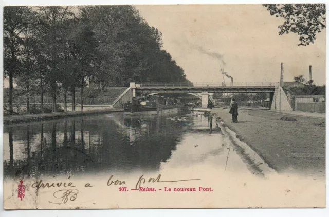 REIMS - Marne - CPA 51 - Vesle Canal Batellerie - Péniche - le nouveau pont