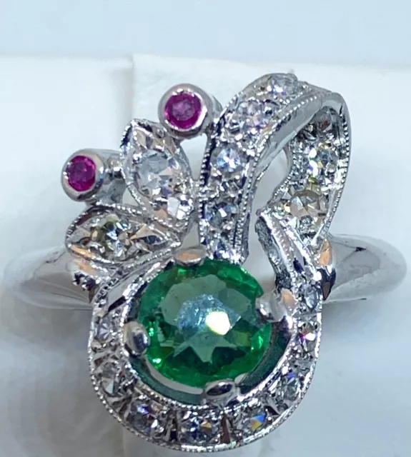 Antique ART DECO Estate 0.38ctw Emerald Ruby Diamond 14k White Gold Ring