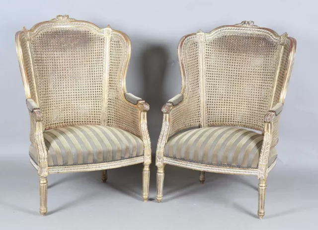 Antique Pair of Louis XVI Style Giltwood Double Cane Armchairs/Fauteuil Wingback