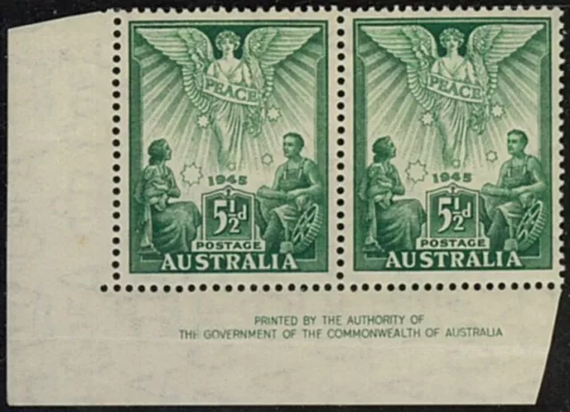 1945 Australian Cwlth Authority Corner Strip 51/2d Green Peace in Pacific Stamps